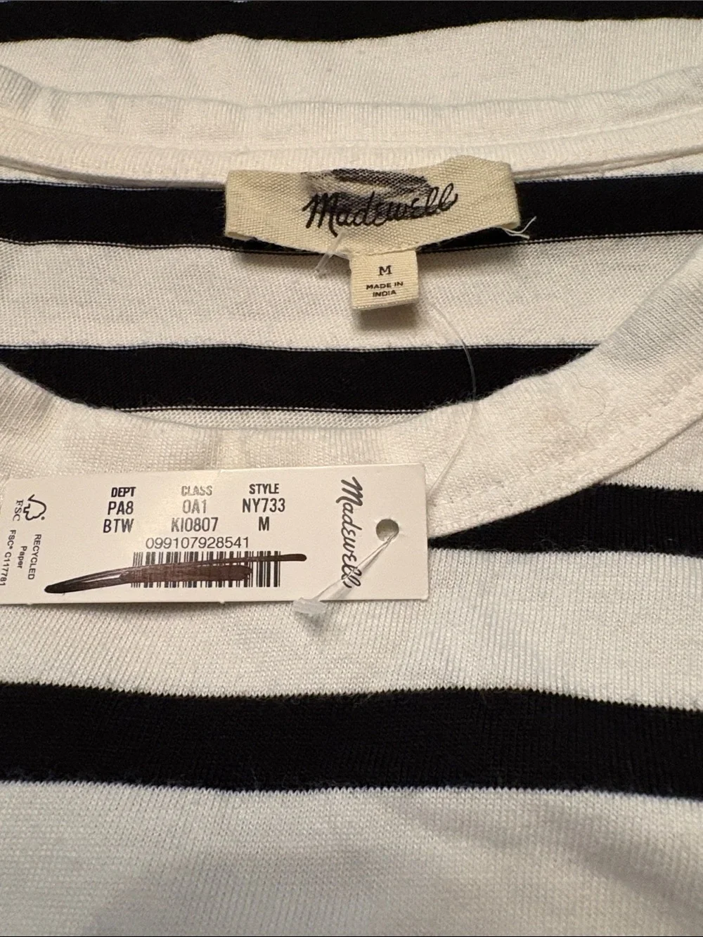 Madewell women’s The Perfect Crewneck Tee Jersey black white stripe Size M NWT